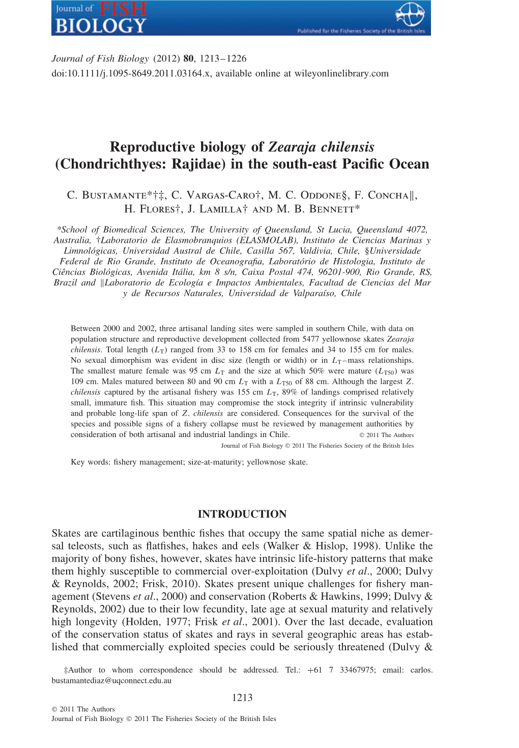 Reproductive Biology of Zearaja Chilensis (Chondrichthyes: Rajidae) in the South-East Paciﬁc Ocean