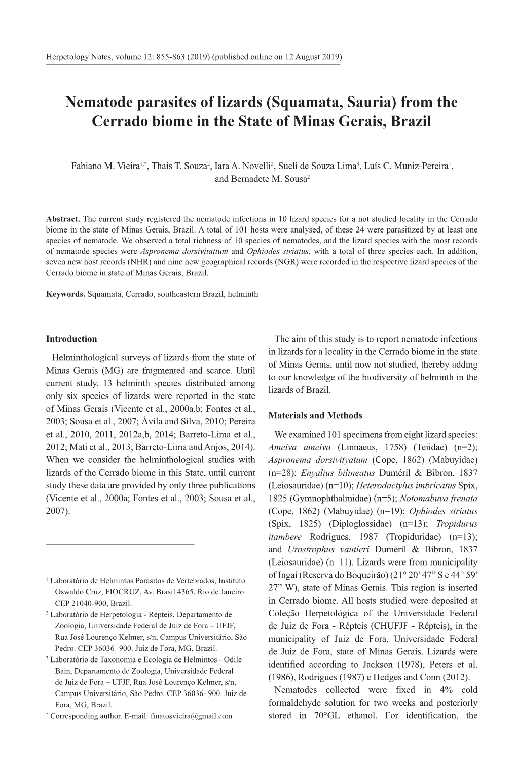 Nematode Parasites of Lizards (Squamata, Sauria) from the Cerrado Biome in the State of Minas Gerais, Brazil