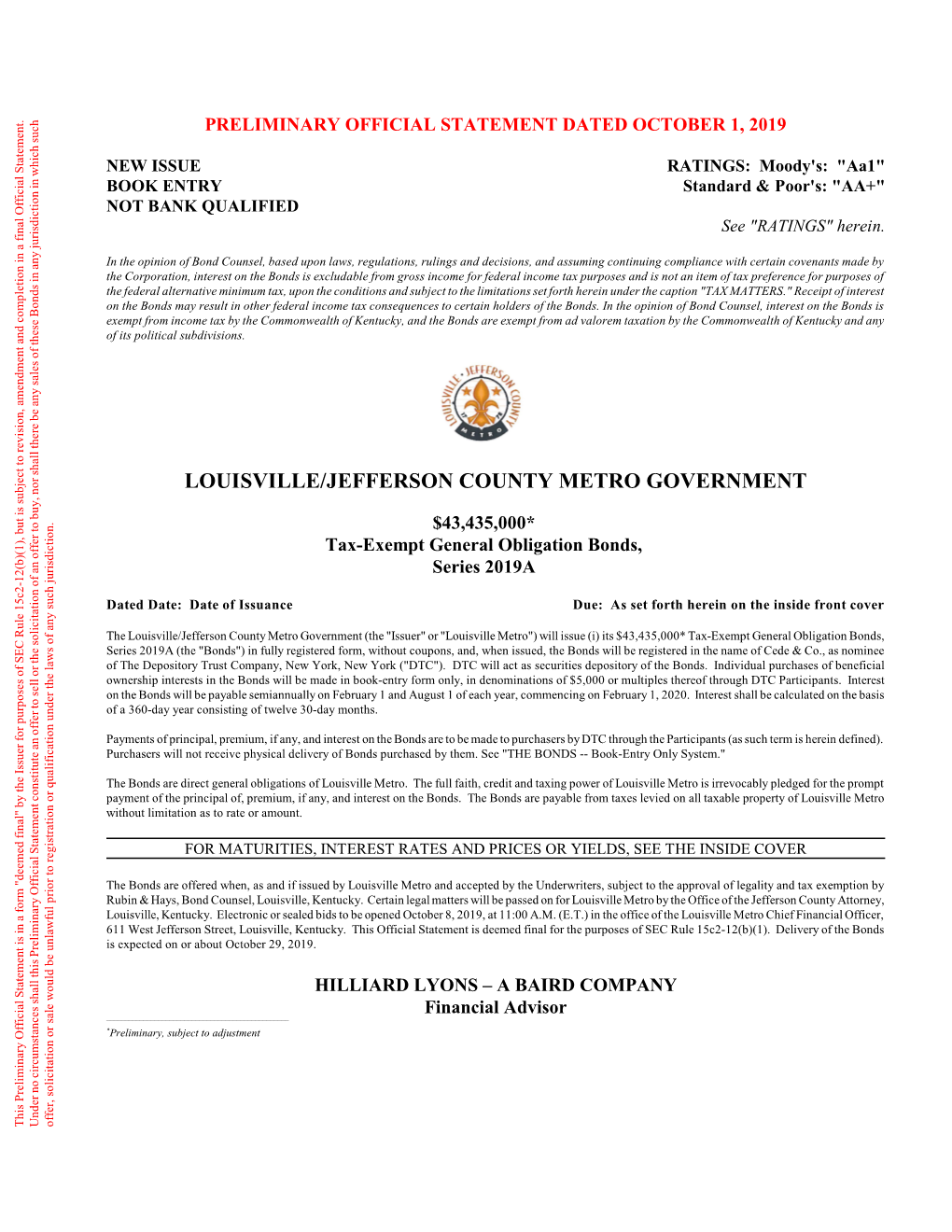 Louisville/Jefferson County Metro Government Tax-Exempt General Obligation Bonds, Series 2019A