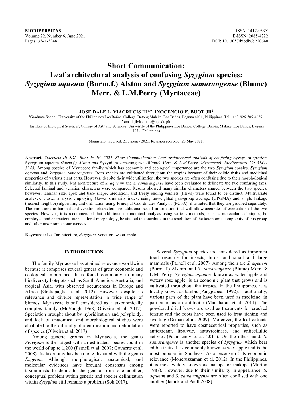 Leaf Architectural Analysis of Confusing Syzygium Species: Syzygium Aqueum (Burm.F.) Alston and Syzygium Samarangense (Blume) Merr