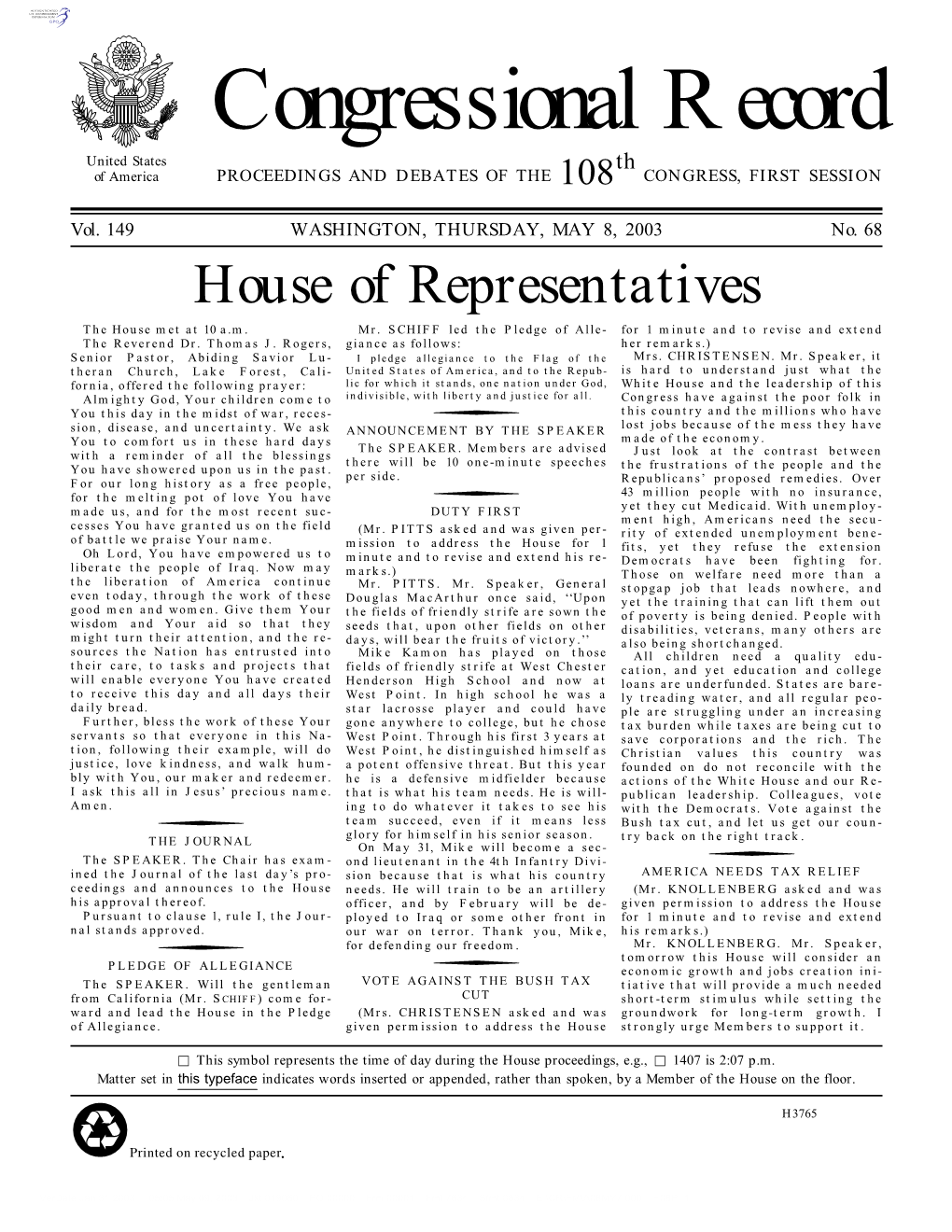 Congressional Record United States Th of America PROCEEDINGS and DEBATES of the 108 CONGRESS, FIRST SESSION