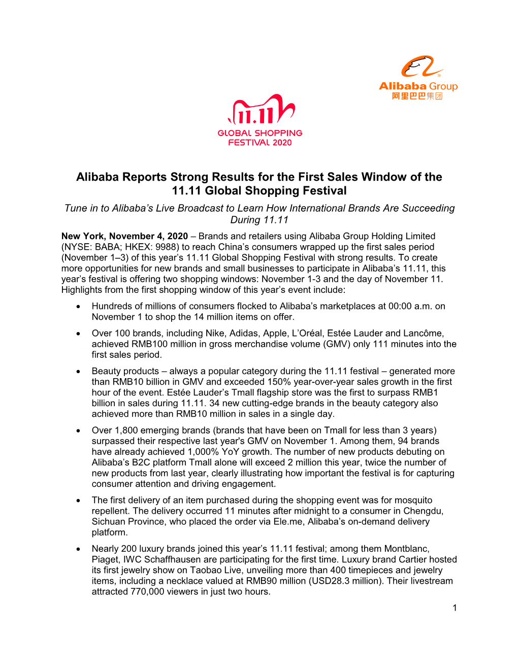 Alibaba Reports Strong Results for the First Sales Window of the 11.11