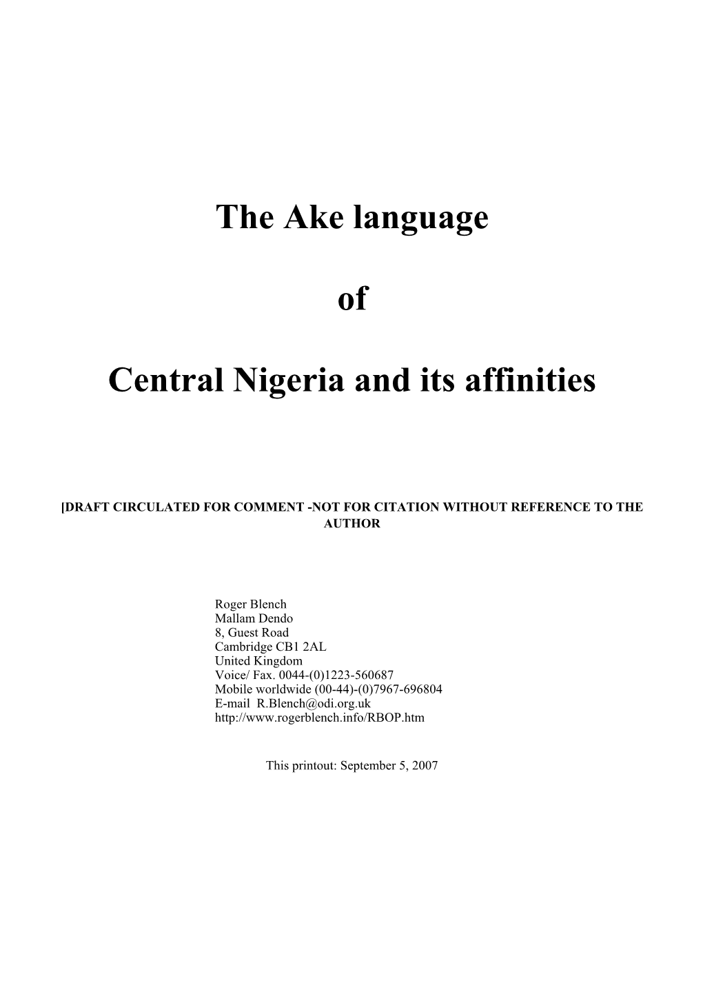 The Ake Language of Central Nigeria and Its Affinities