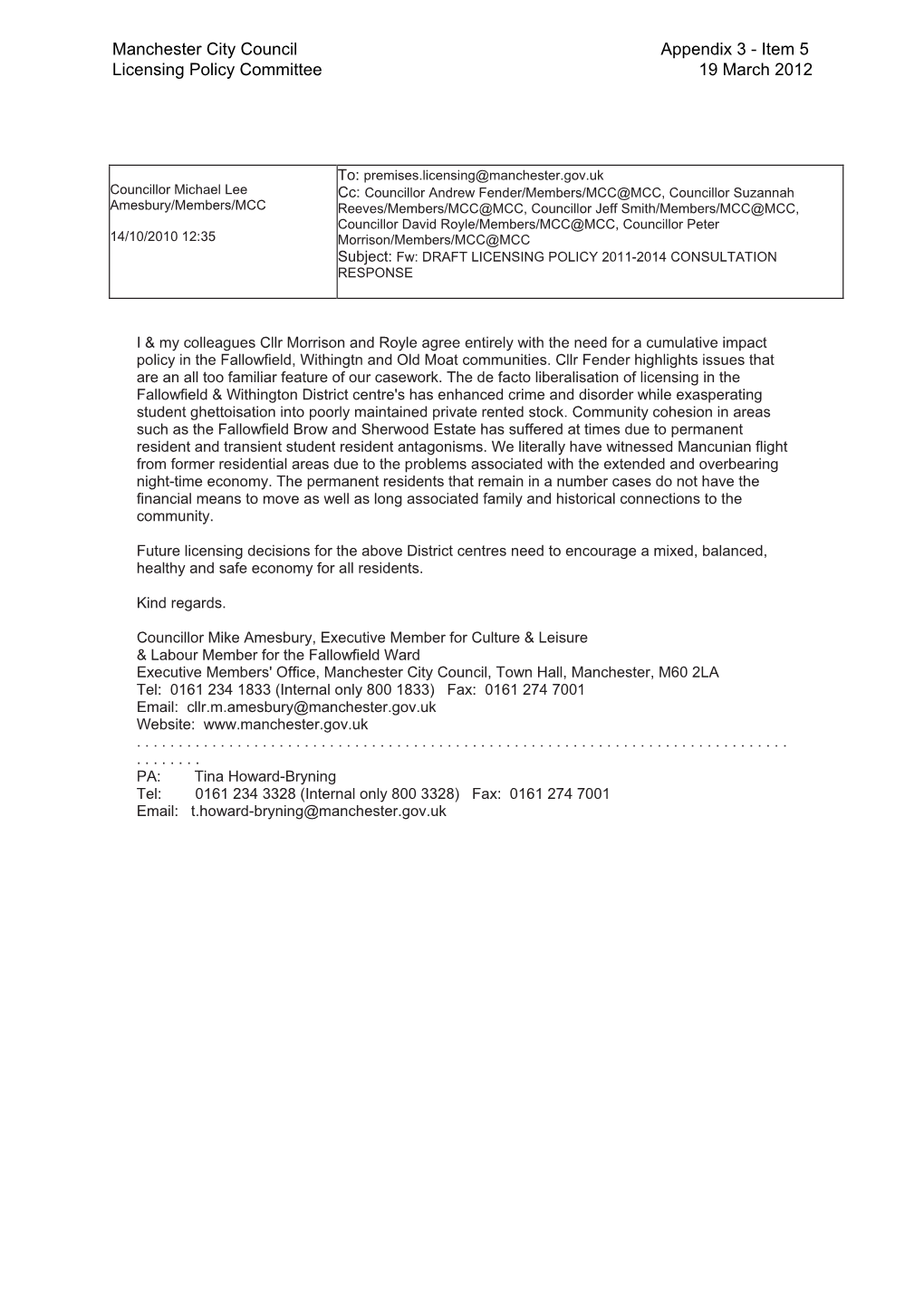 Appendix 3 of Review of the Impact of Licensed Premises in Fallowfield, To