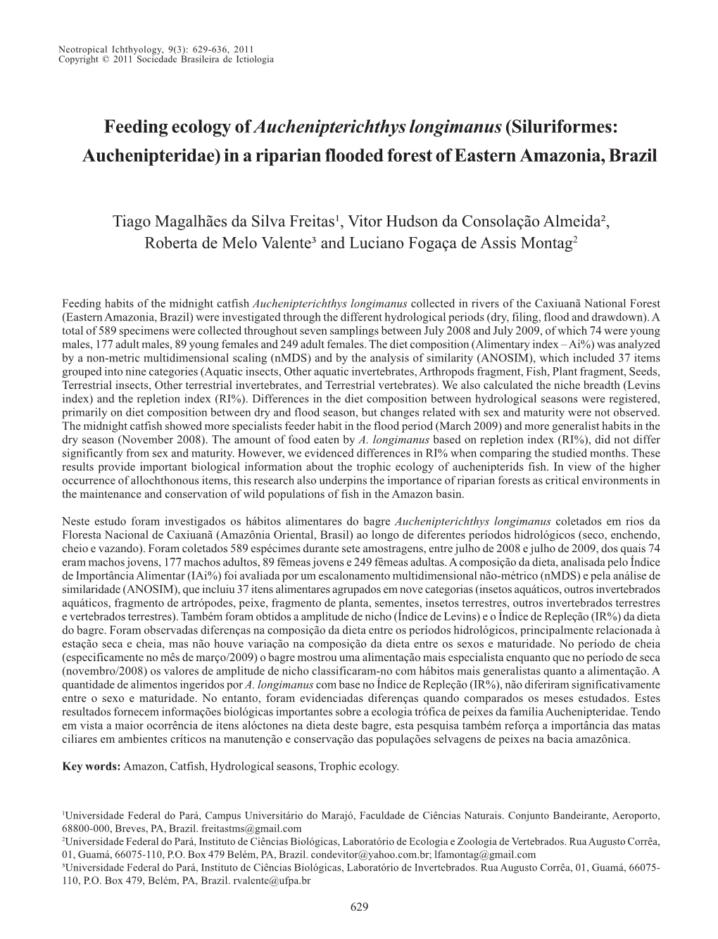 Feeding Ecology of Auchenipterichthys Longimanus (Siluriformes: Auchenipteridae) in a Riparian Flooded Forest of Eastern Amazonia, Brazil