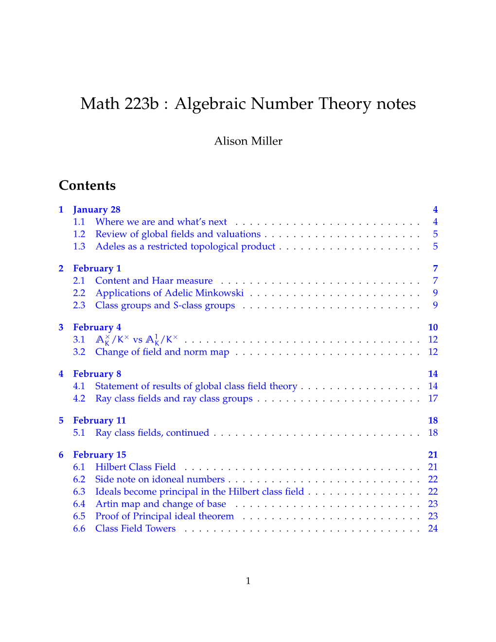 Math 223B : Algebraic Number Theory Notes