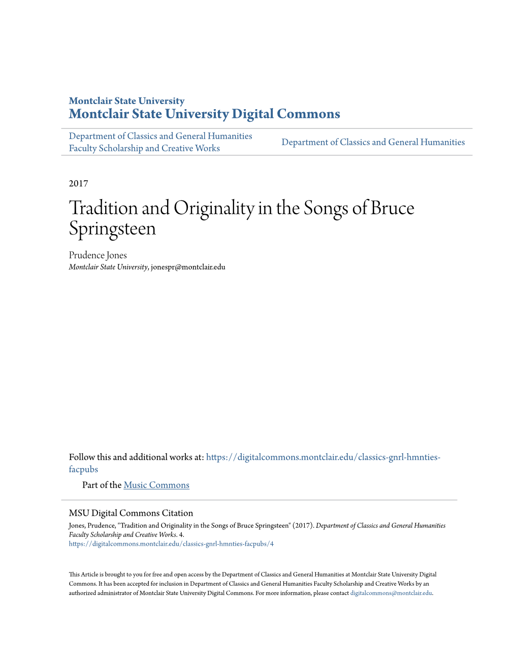 Tradition and Originality in the Songs of Bruce Springsteen Prudence Jones Montclair State University, Jonespr@Montclair.Edu