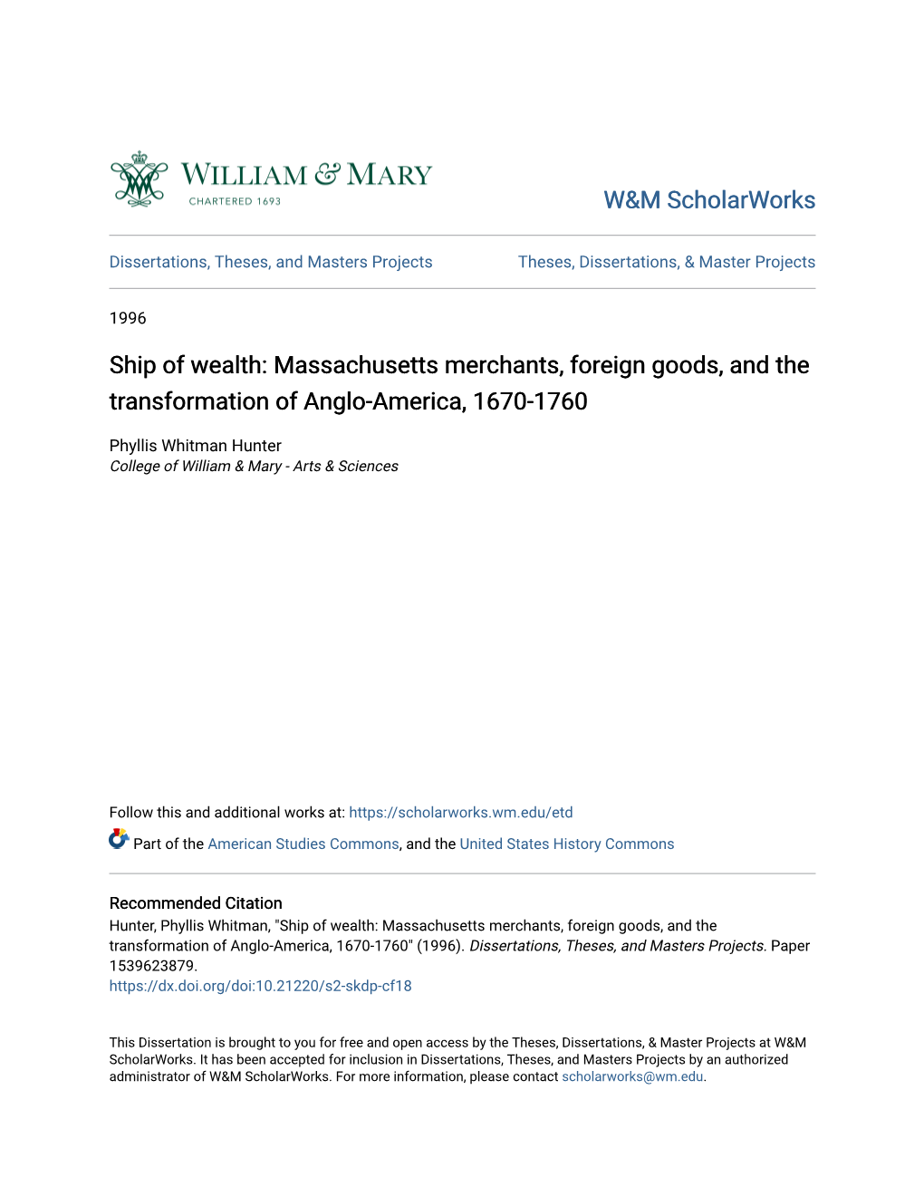 Ship of Wealth: Massachusetts Merchants, Foreign Goods, and the Transformation of Anglo-America, 1670-1760