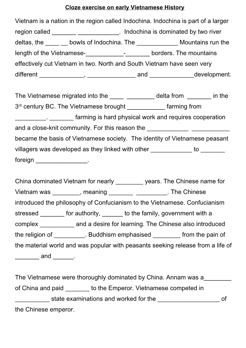 Cloze Exercise On Early Vietnamese History