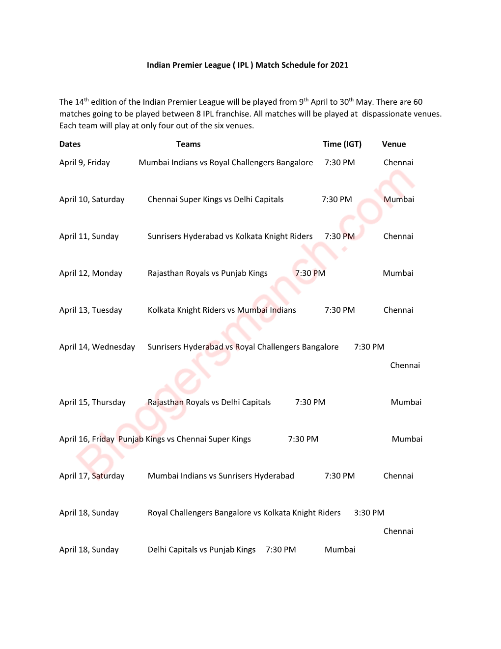 Indian Premier League ( IPL ) Match Schedule for 2021