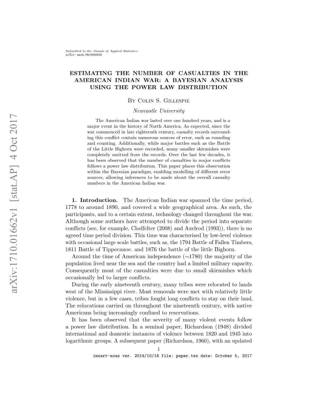 Arxiv:1710.01662V1 [Stat.AP] 4 Oct 2017 West of the Mississippi River