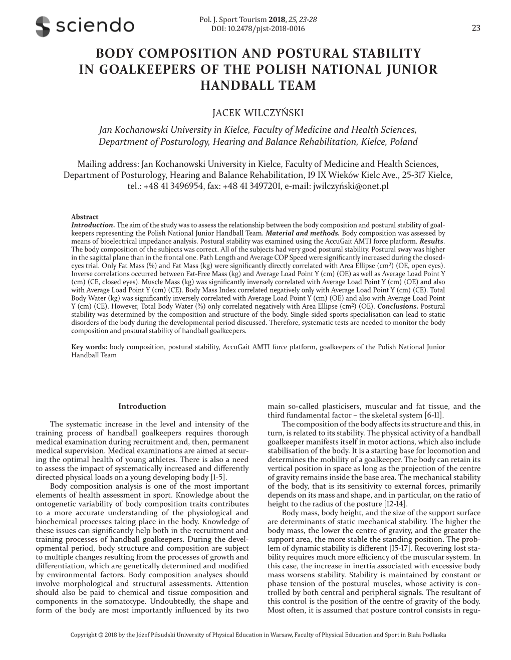 Body Composition and Postural Stability in Goalkeepers of the Polish