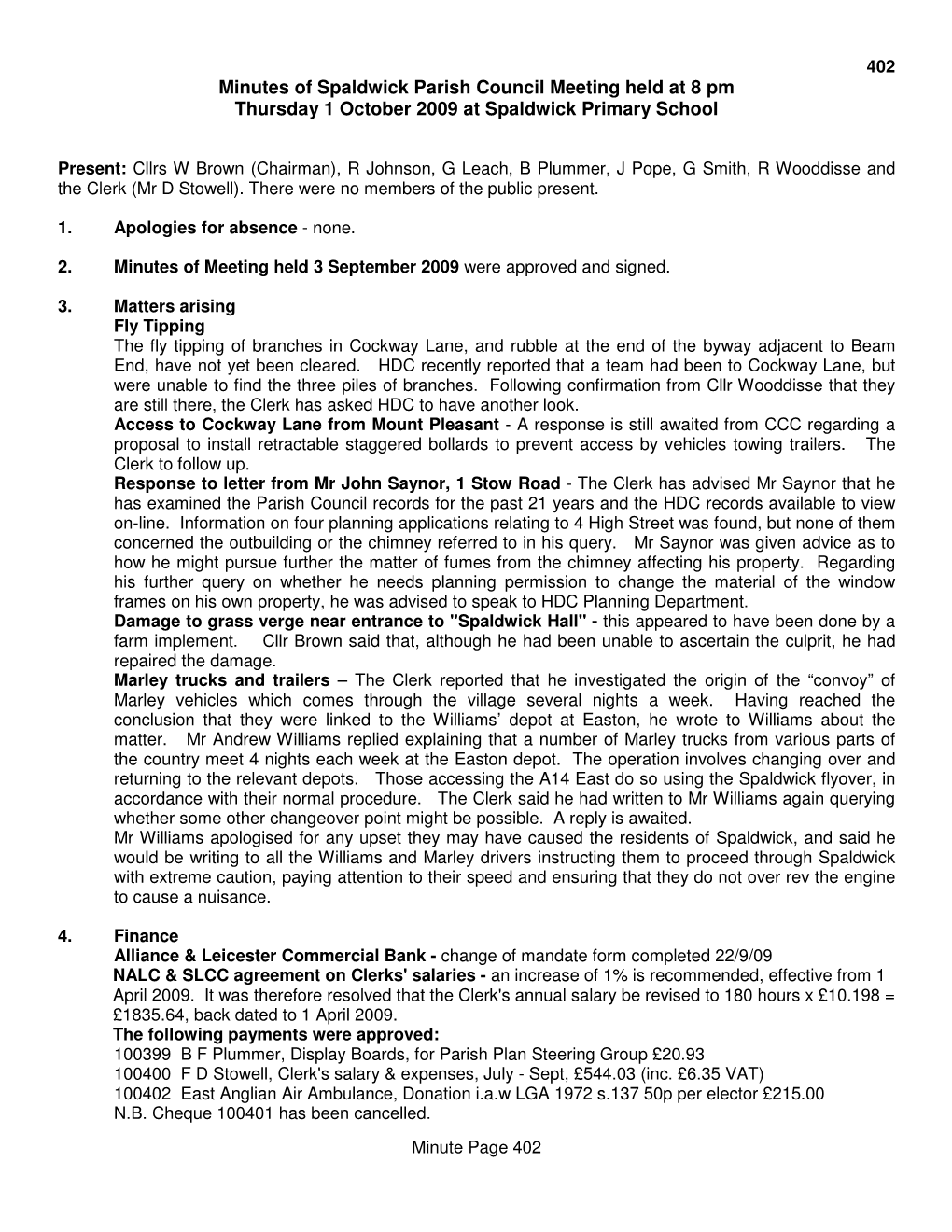 Minutes of Spaldwick Parish Council Meeting Held at 8 Pm Thursday 1 October 2009 at Spaldwick Primary School