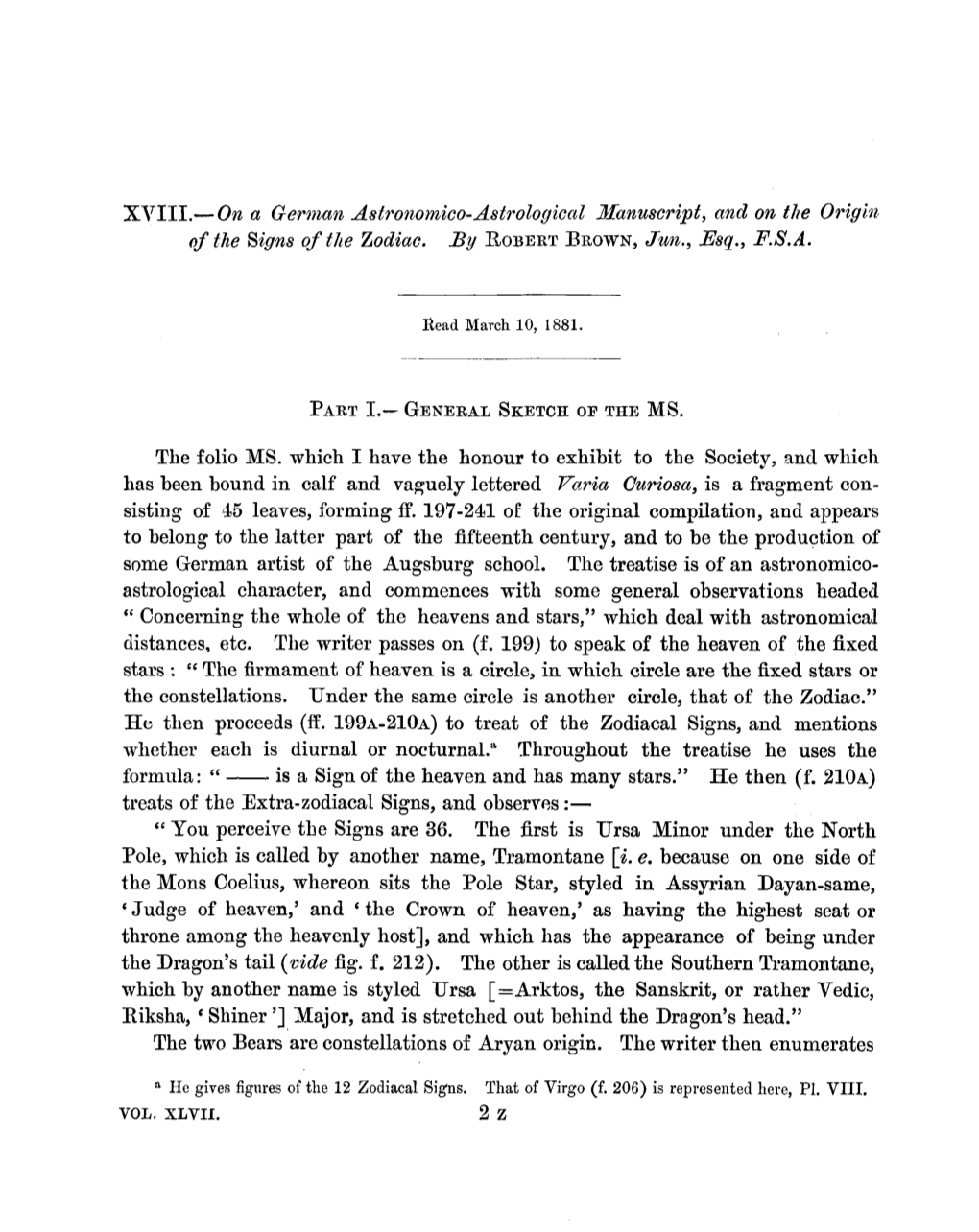 XVIII.— on a German Astronomico-Astrological Manuscript, and on the Origin of the Signs of the Zodiac