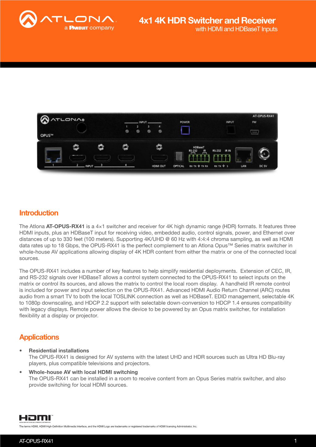 4X1 4K HDR Switcher and Receiver with HDMI and Hdbaset Inputs