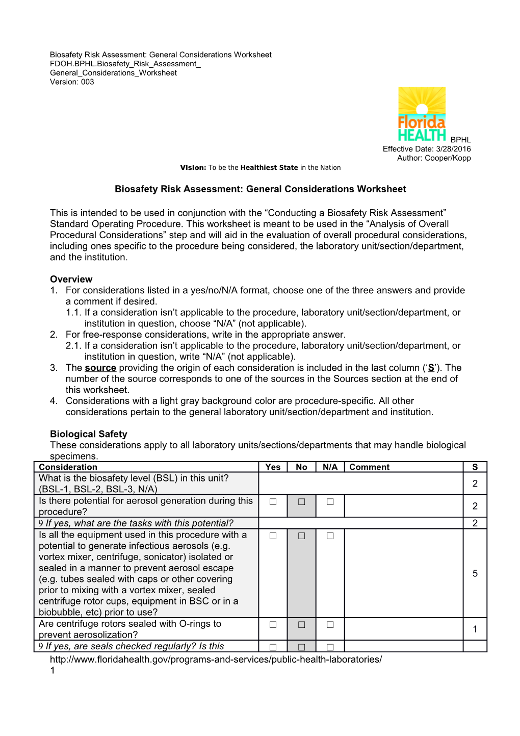Biosafety Risk Assessment: General Considerations Worksheet