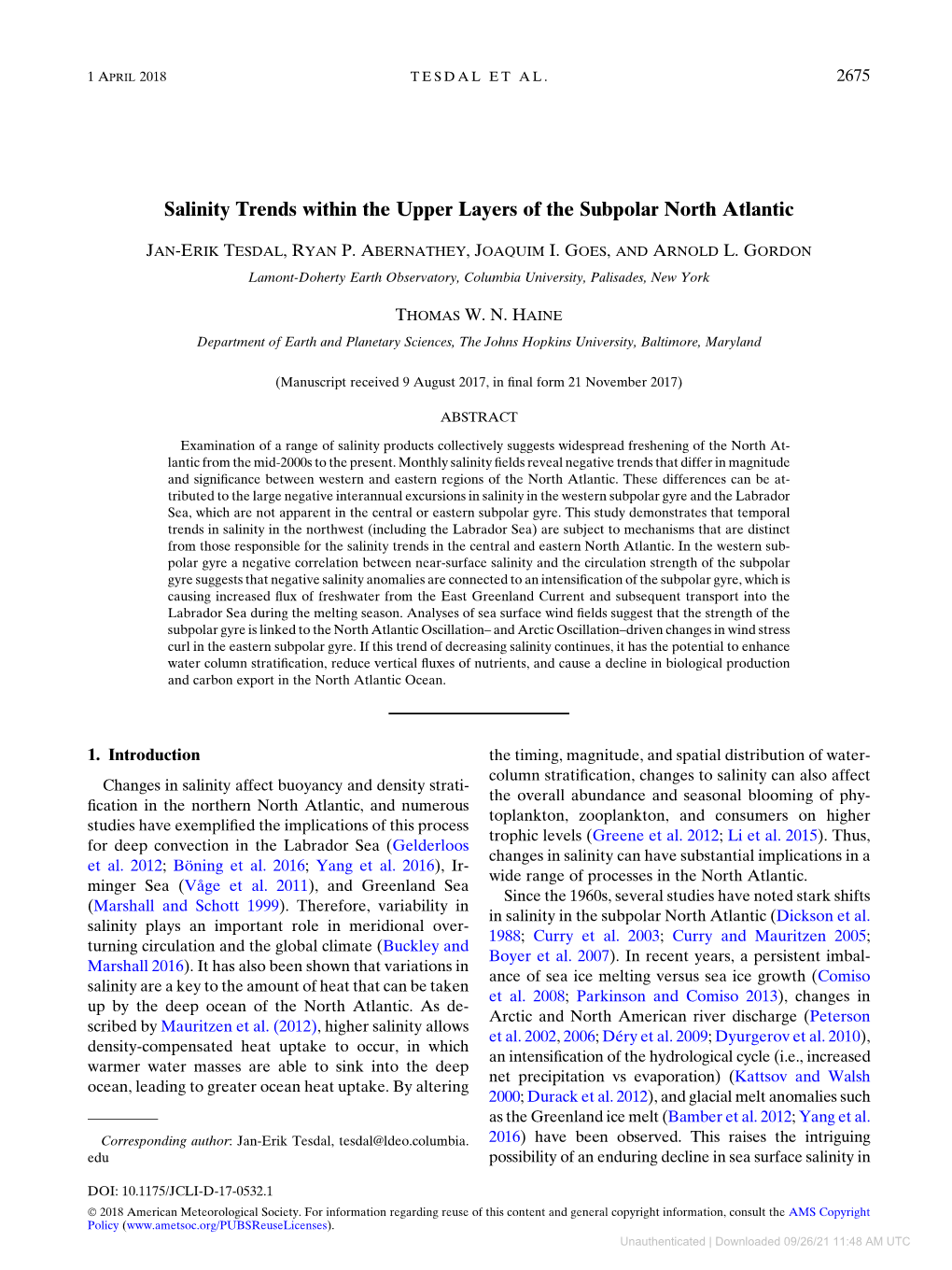 Salinity Trends Within the Upper Layers of the Subpolar North Atlantic