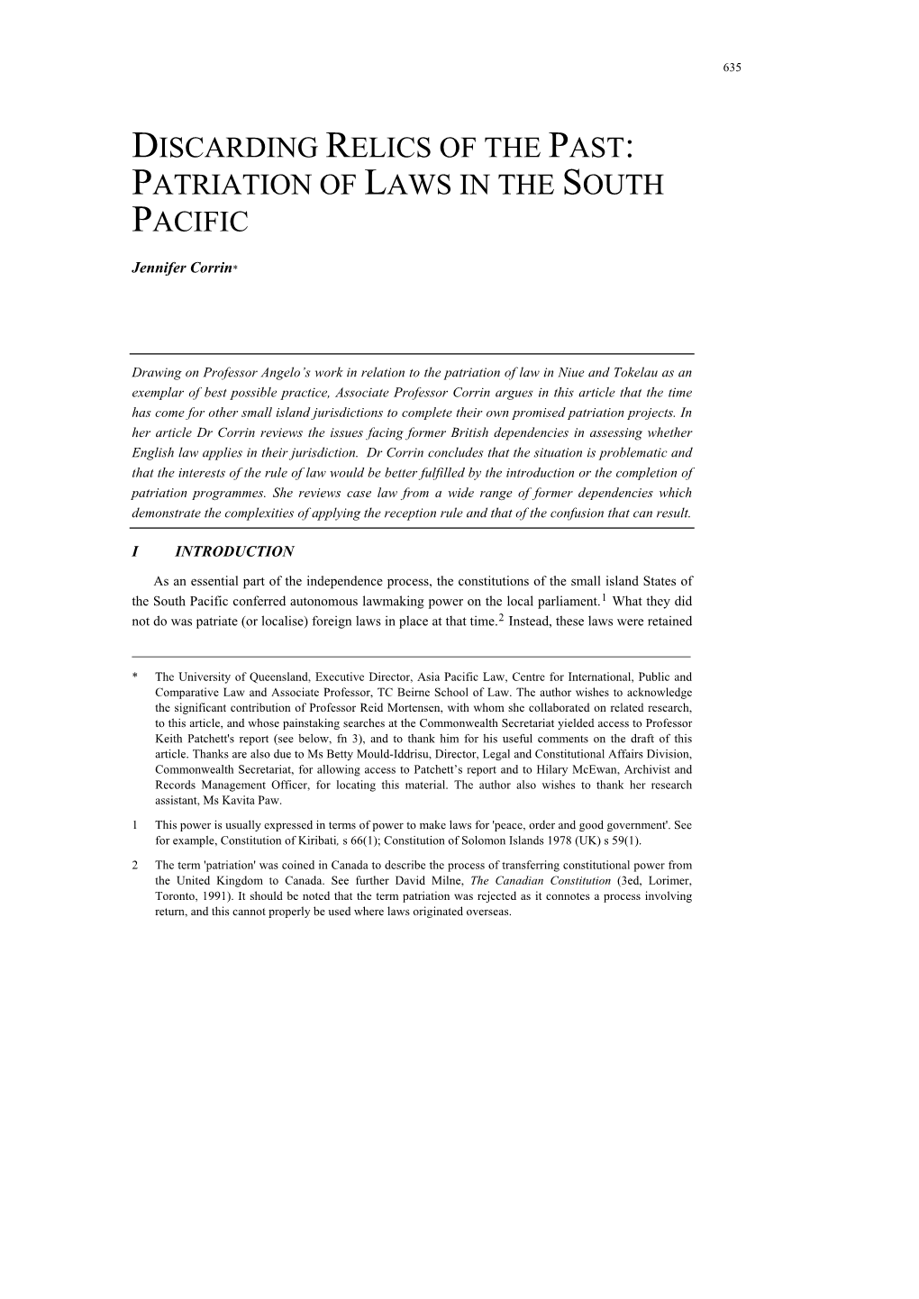 Patriation of Laws in the South Pacific