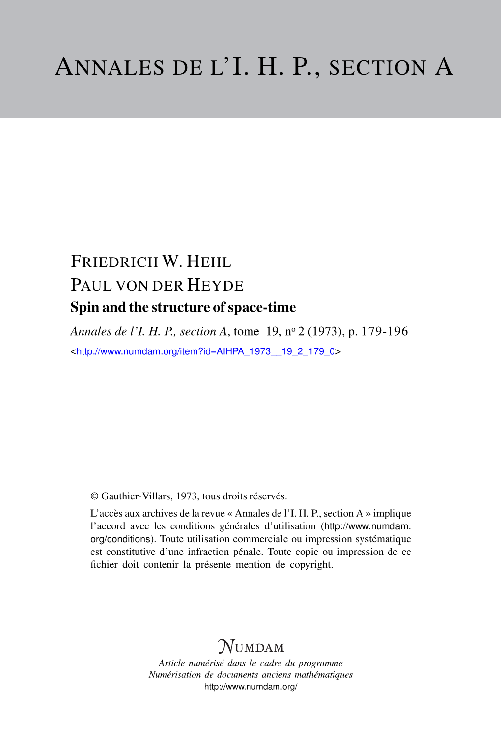 Spin and the Structure of Space-Time Annales De L’I