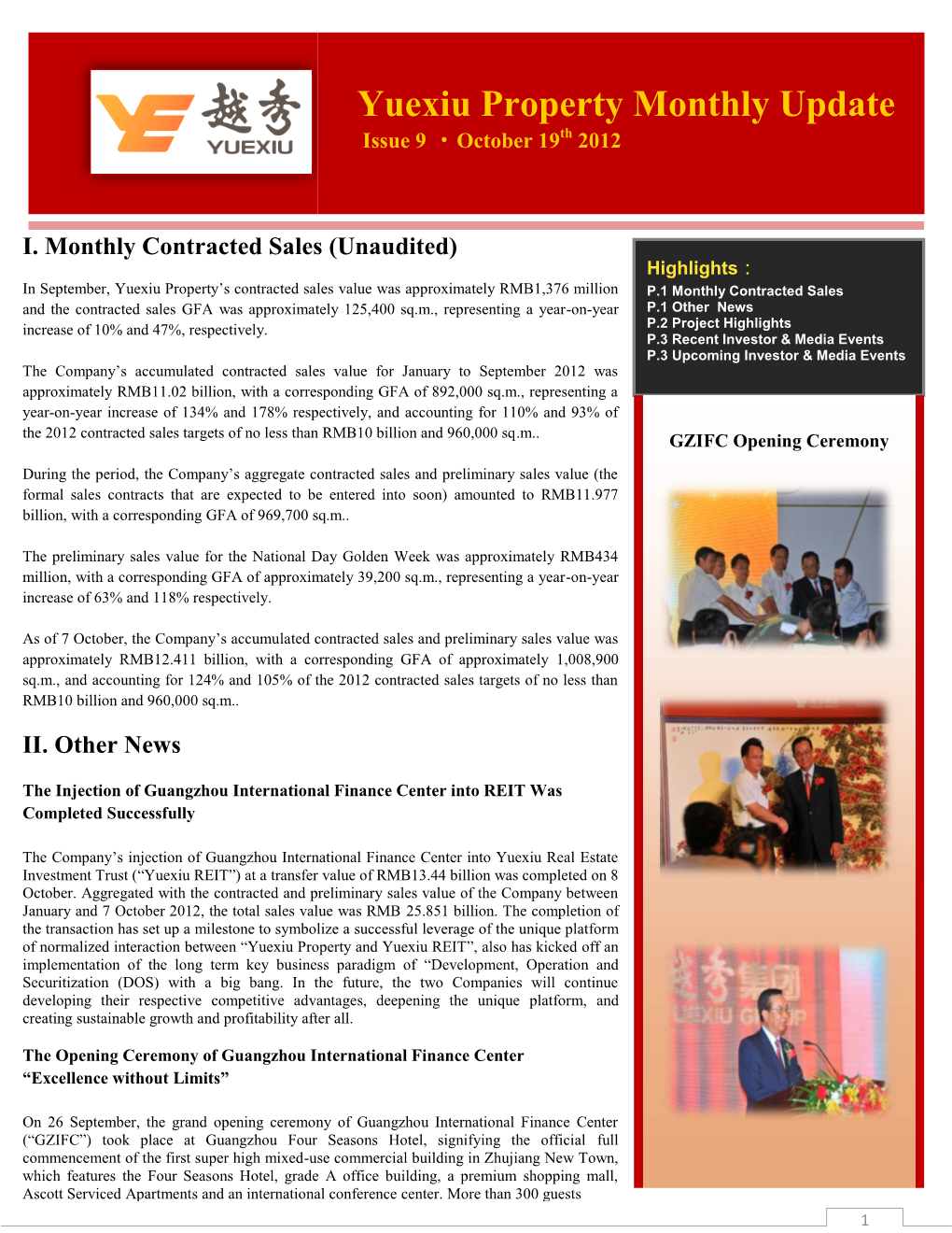 Yuexiu Property Monthly Update Issue 9 ‧October 19Th 2012