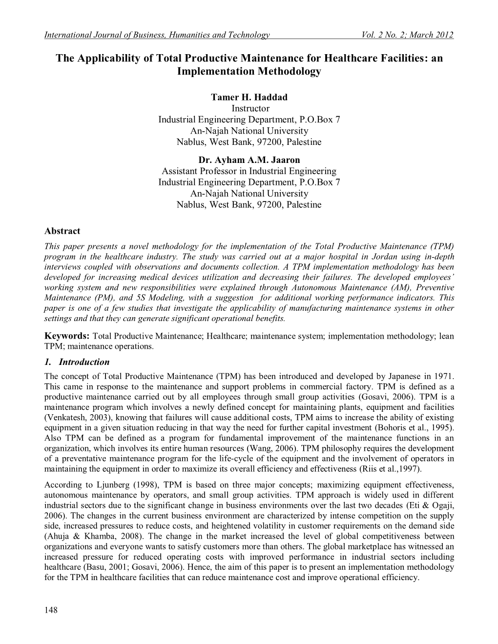 The Applicability of Total Productive Maintenance for Healthcare Facilities: an Implementation Methodology