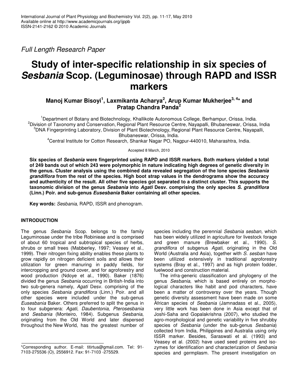 Study of Inter-Specific Relationship in Six Species of Sesbania Scop. (Leguminosae) Through RAPD and ISSR Markers