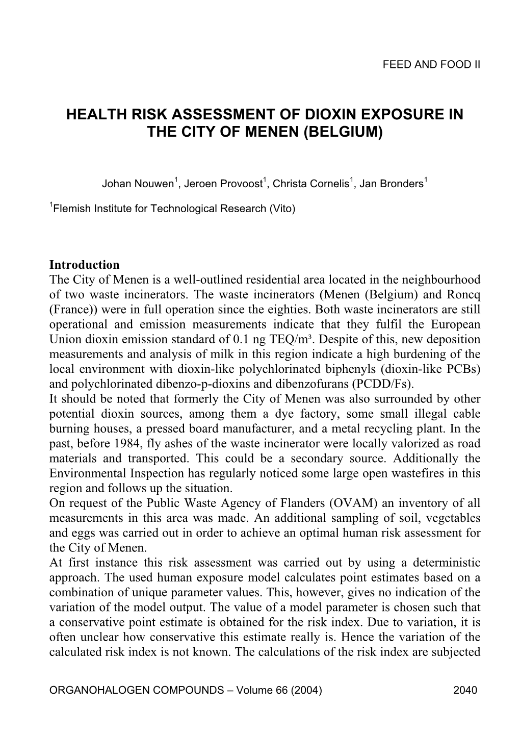 Health Risk Assessment of Dioxin Exposure in the City of Menen (Belgium)