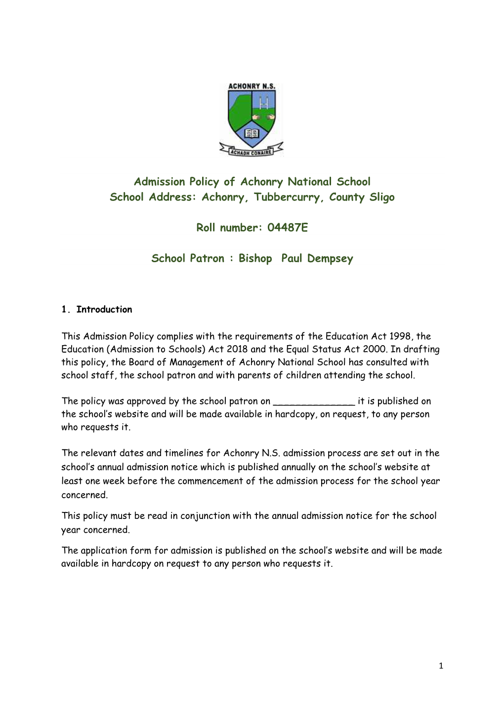 Achonry NS Draft Admissions Policy