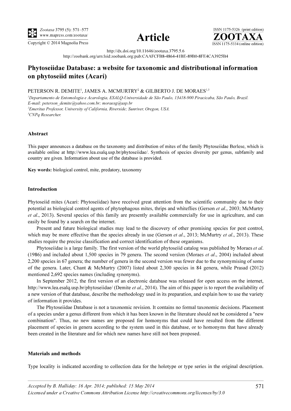 Phytoseiidae Database: a Website for Taxonomic and Distributional Information on Phytoseiid Mites (Acari)