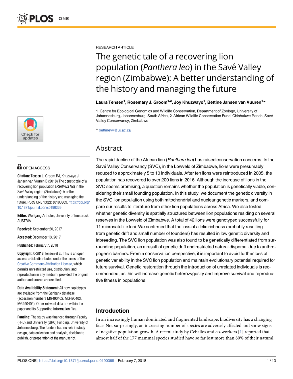 The Genetic Tale of a Recovering Lion Population (Panthera Leo) in the Save´ Valley Region (Zimbabwe): a Better Understanding of the History and Managing the Future