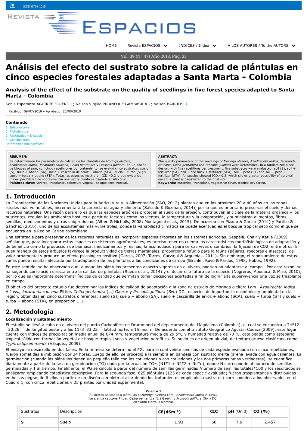 Análisis Del Efecto Del Sustrato Sobre La Calidad De Plántulas En Cinco Especies Forestales Adaptadas a Santa Marta - Colombia