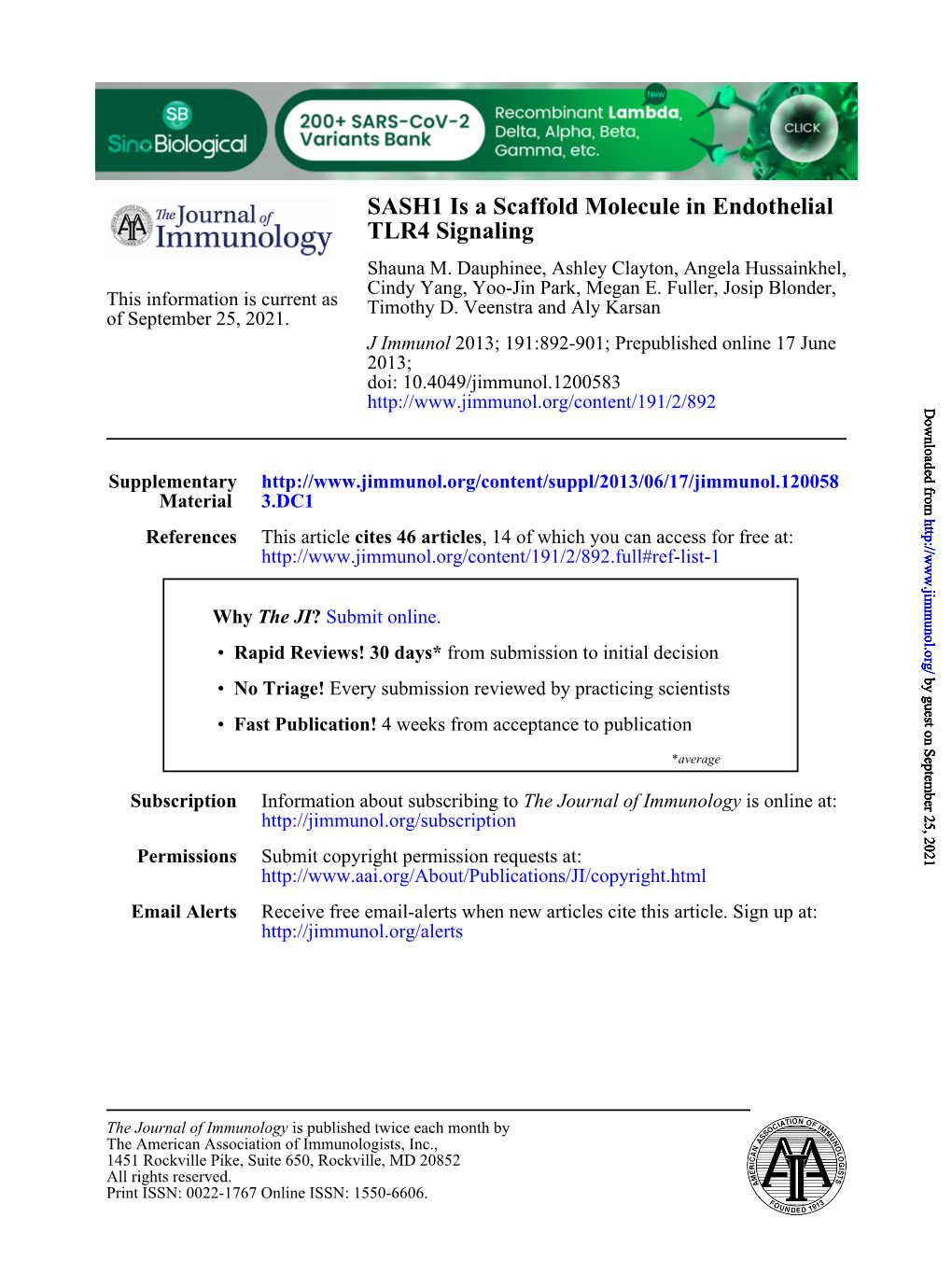 TLR4 Signaling SASH1 Is a Scaffold Molecule in Endothelial