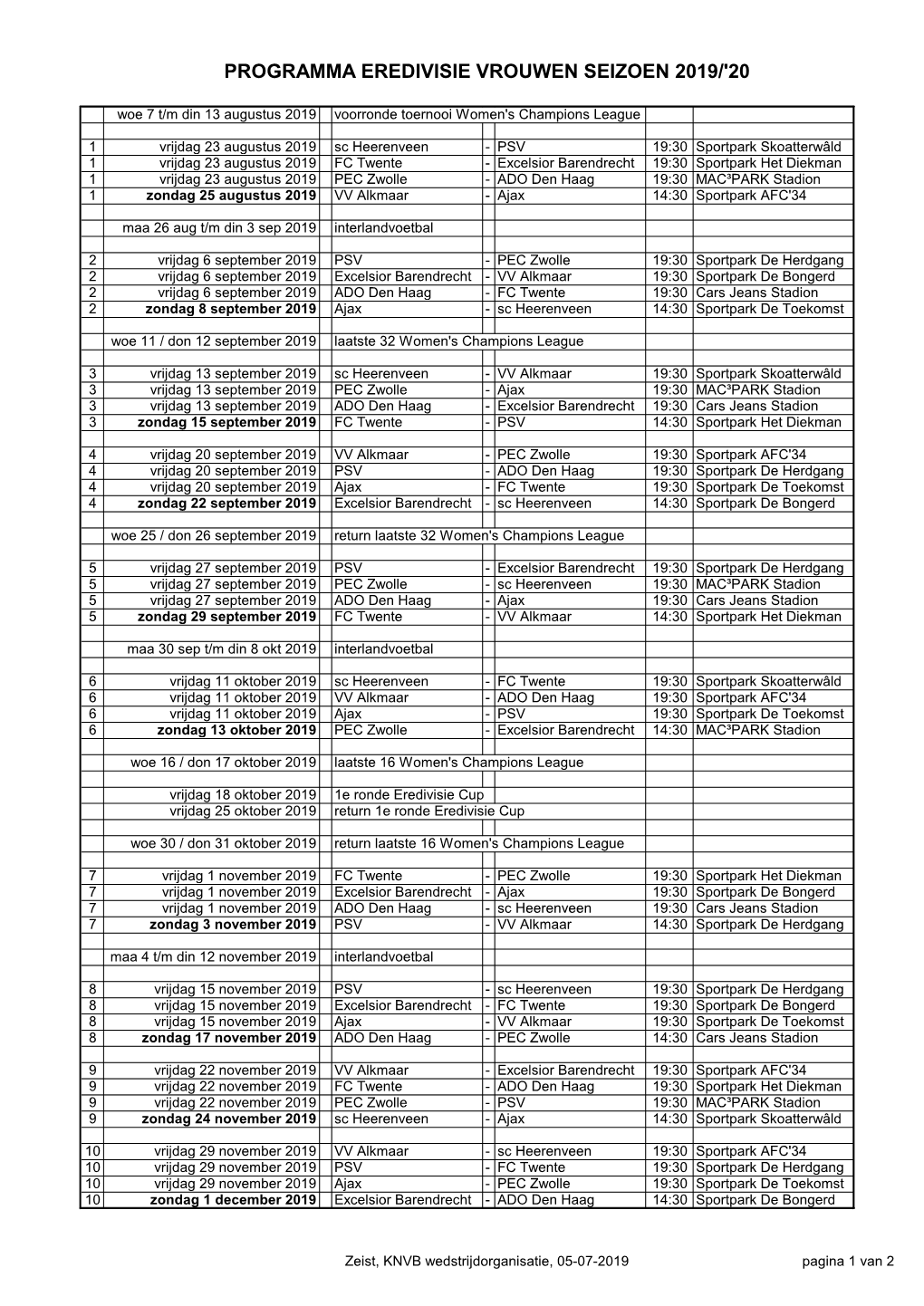 Programma Eredivisie Vrouwen Seizoen 2019/'20