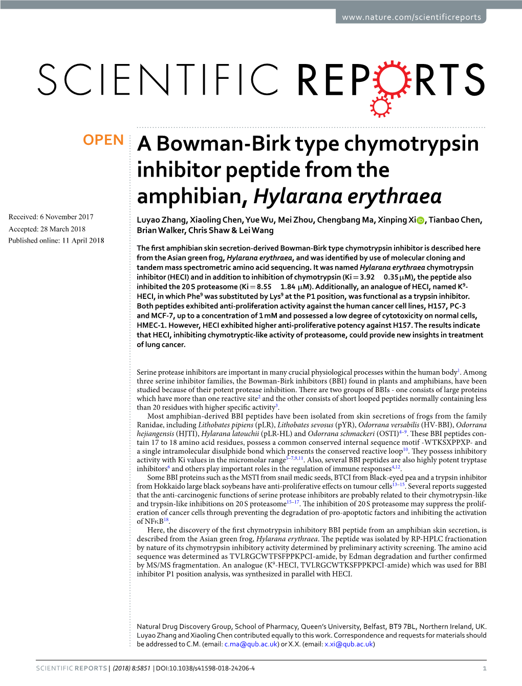 A Bowman-Birk Type Chymotrypsin Inhibitor Peptide from The