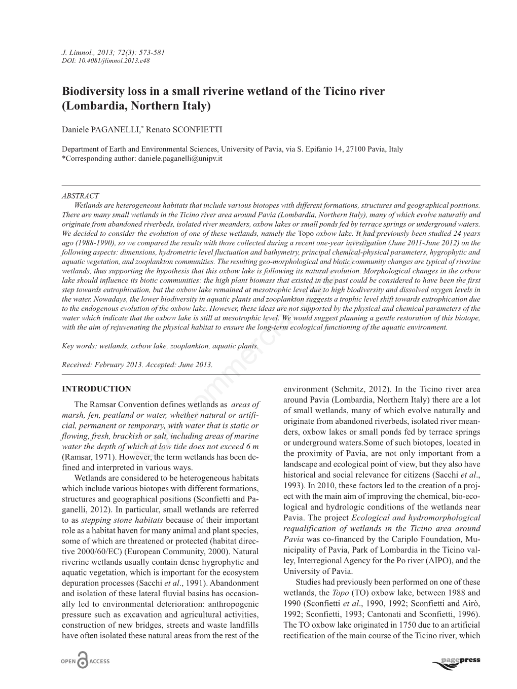 Biodiversity Loss in a Small Riverine Wetland of the Ticino River (Lombardia, Northern Italy)