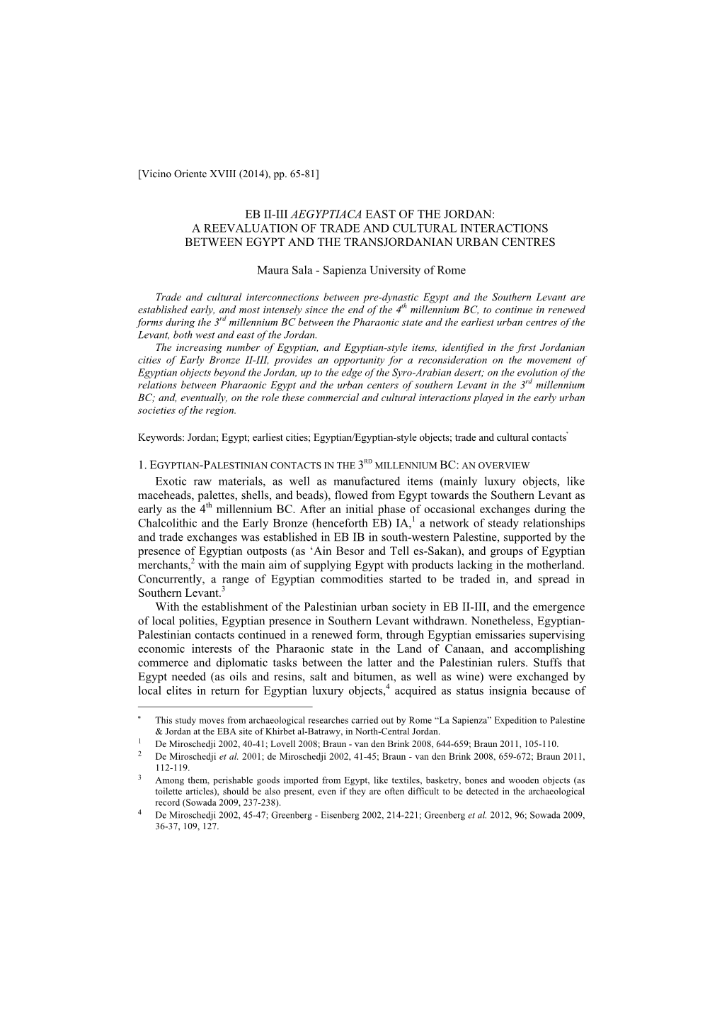 Eb Ii-Iii Aegyptiaca East of the Jordan: a Reevaluation of Trade and Cultural Interactions Between Egypt and the Transjordanian Urban Centres