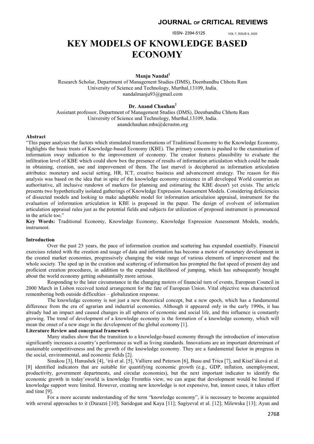 Key Models of Knowledge Based Economy