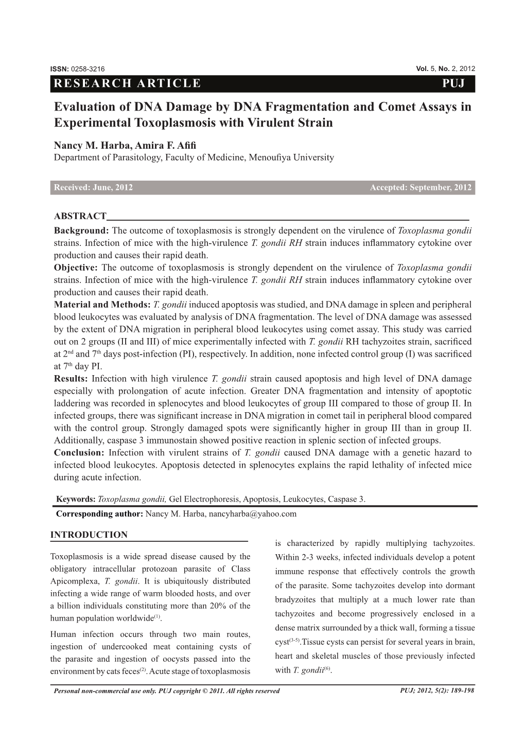 Evaluation of DNA Damage by DNA Fragmentation and Comet Assays in Experimental Toxoplasmosis with Virulent Strain