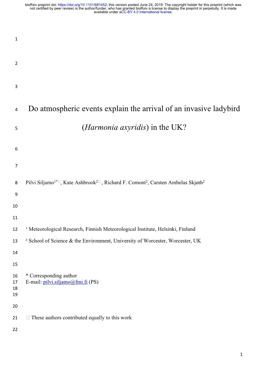 Do Atmospheric Events Explain the Arrival of an Invasive Ladybird (Harmonia Axyridis) in The