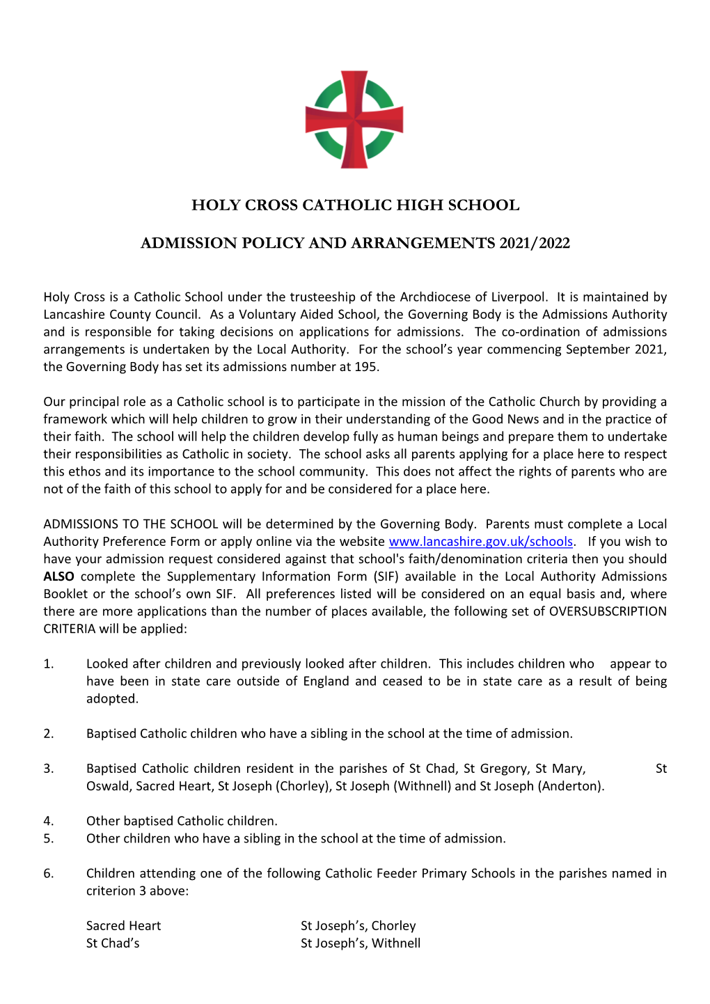 Holy Cross Catholic High School Admission Policy and Arrangements 2021/2022