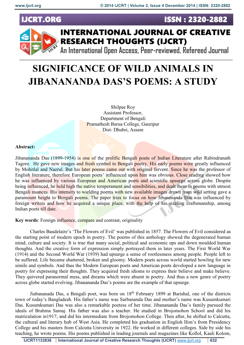 Significance of Wild Animals in Jibanananda Das's Poems