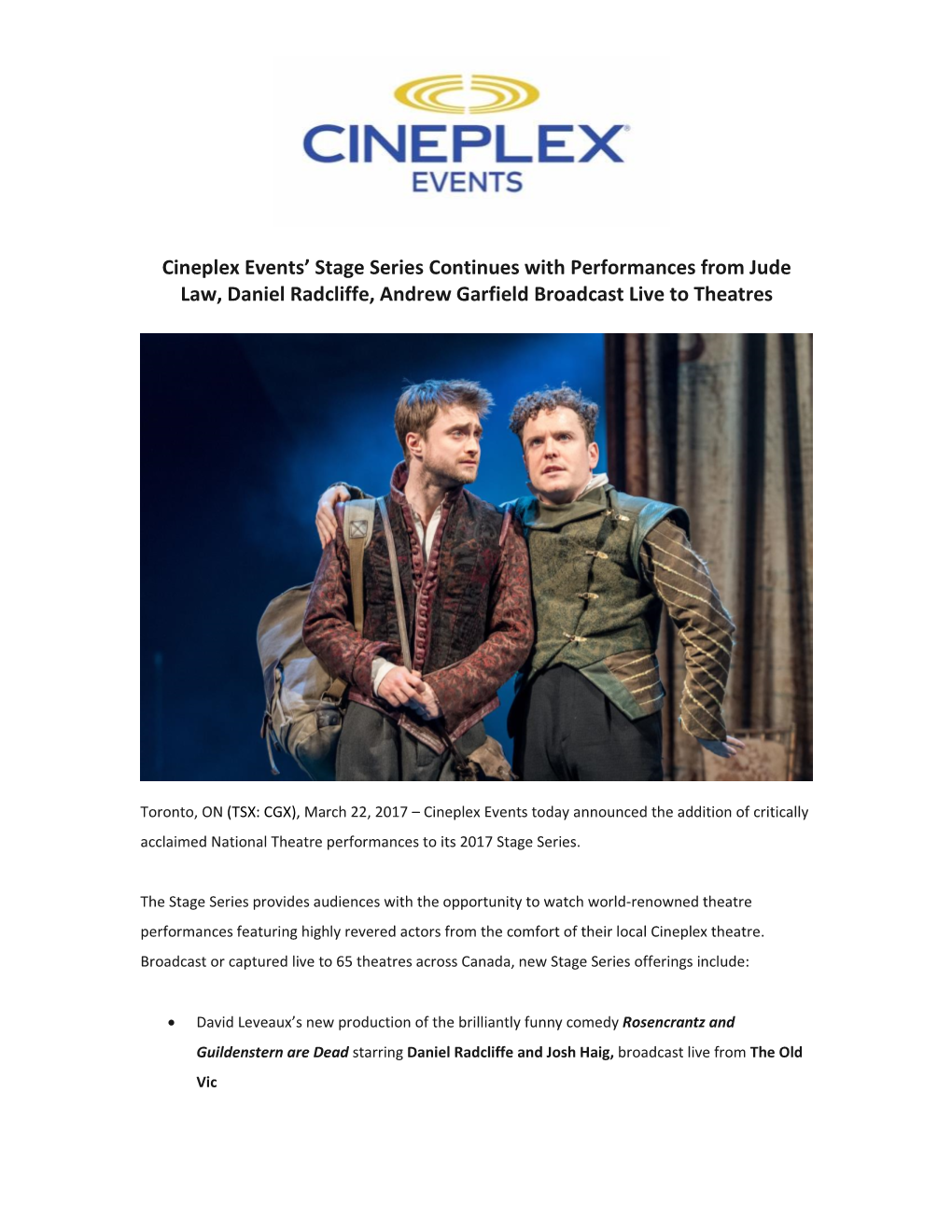 Cineplex Events' Stage Series Continues with Performances From