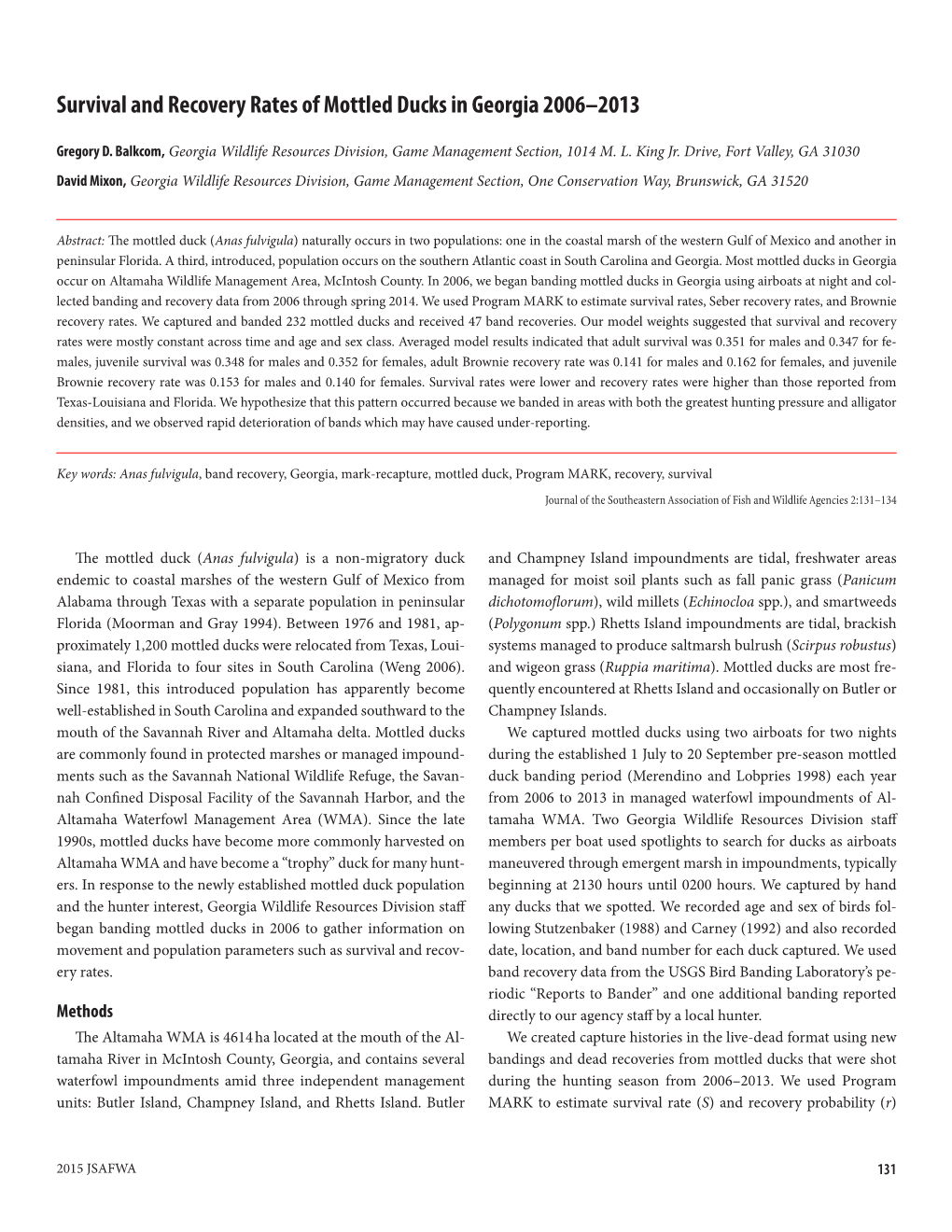 Survival and Recovery Rates of Mottled Ducks in Georgia 2006–2013