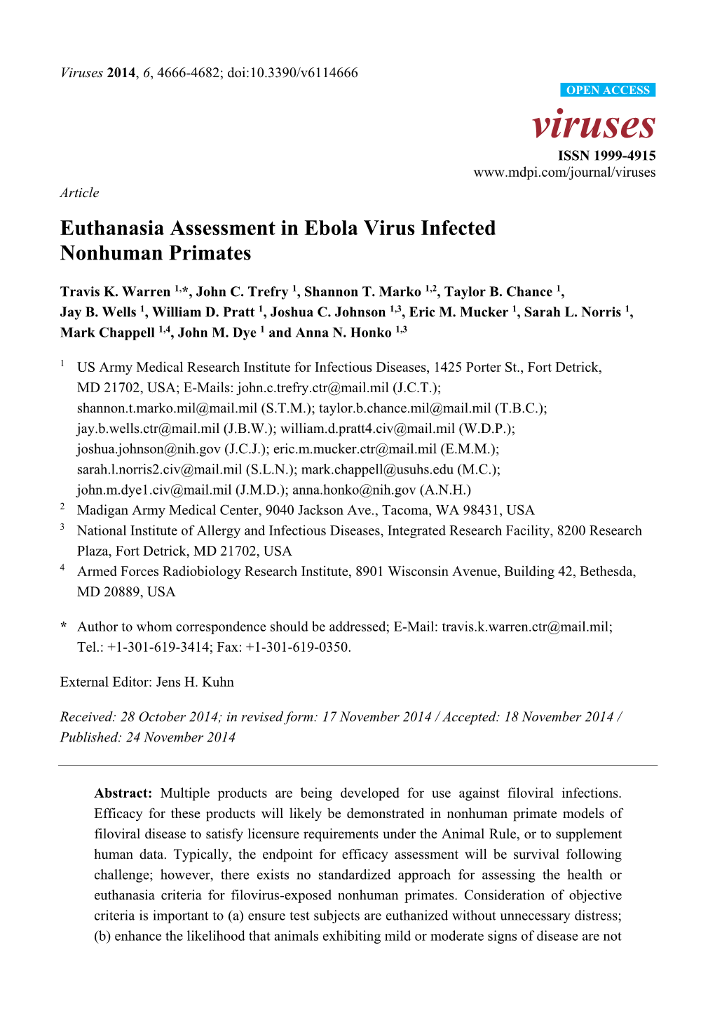 Euthanasia Assessment in Ebola Virus Infected Nonhuman Primates