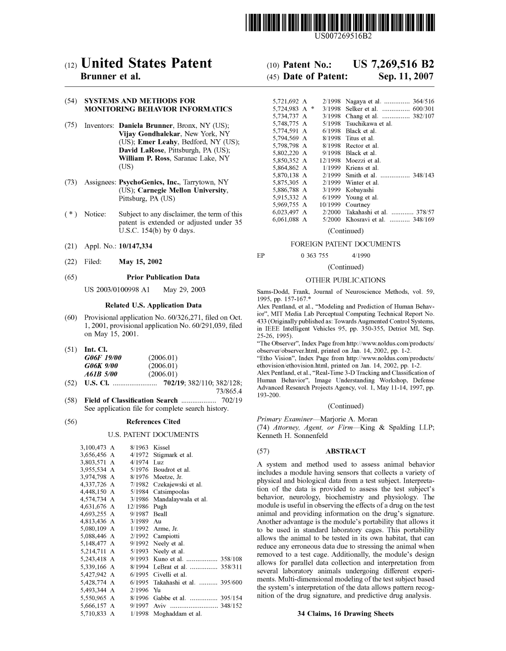 (12) United States Patent (10) Patent N0.: US 7,269,516 B2 Brunneretal (45) Date of Patent: Sep