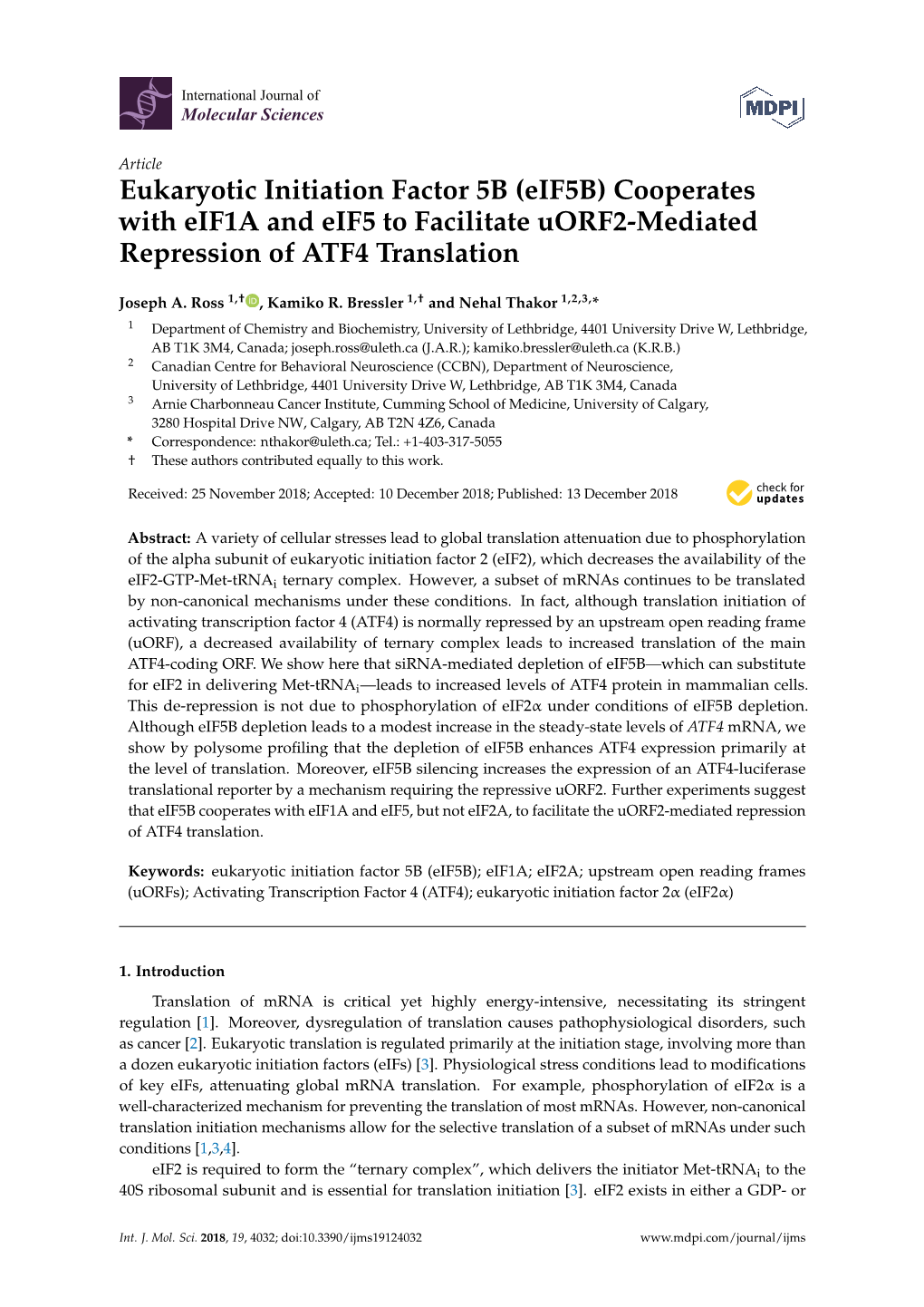 Eukaryotic Initiation Factor 5B (Eif5b) Cooperates with Eif1a and Eif5 to Facilitate Uorf2-Mediated Repression of ATF4 Translation