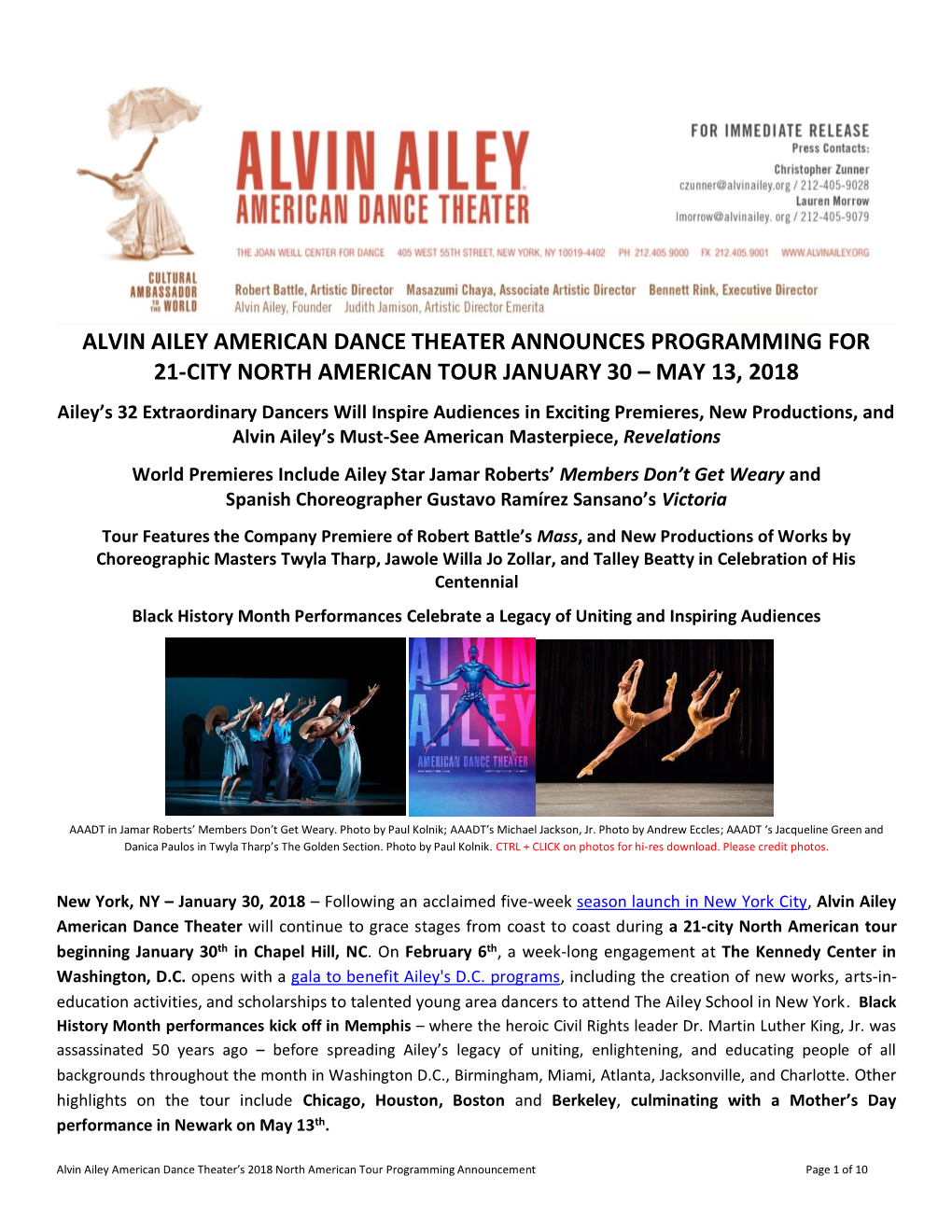 Alvin Ailey American Dance Theater Announces Programming for 21-City North American Tour January 30 – May 13, 2018