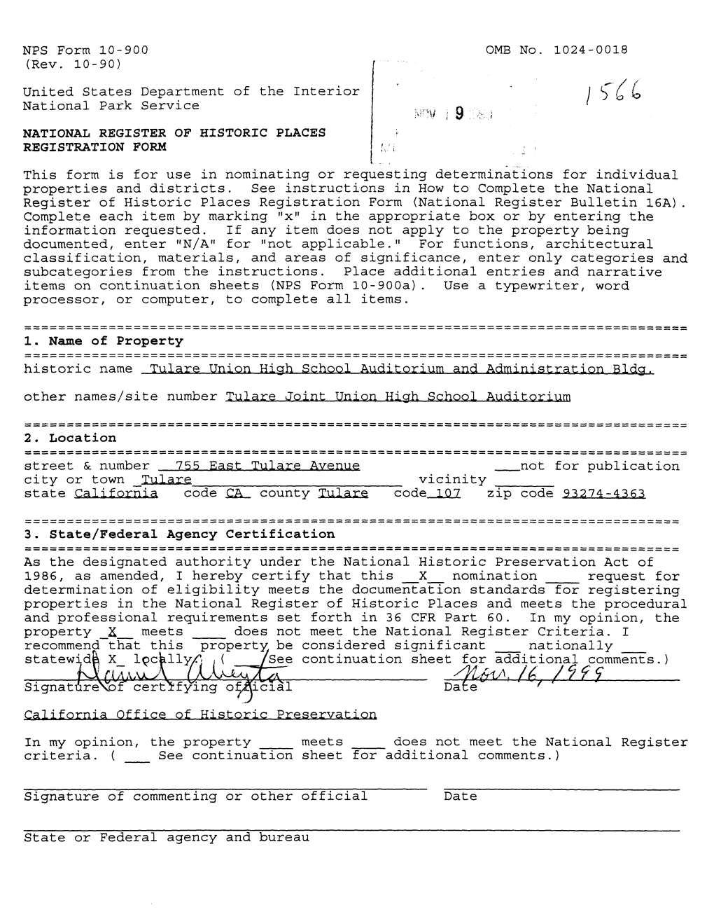 NPS Form 10-900 OMB No. 1024-0018 (Rev