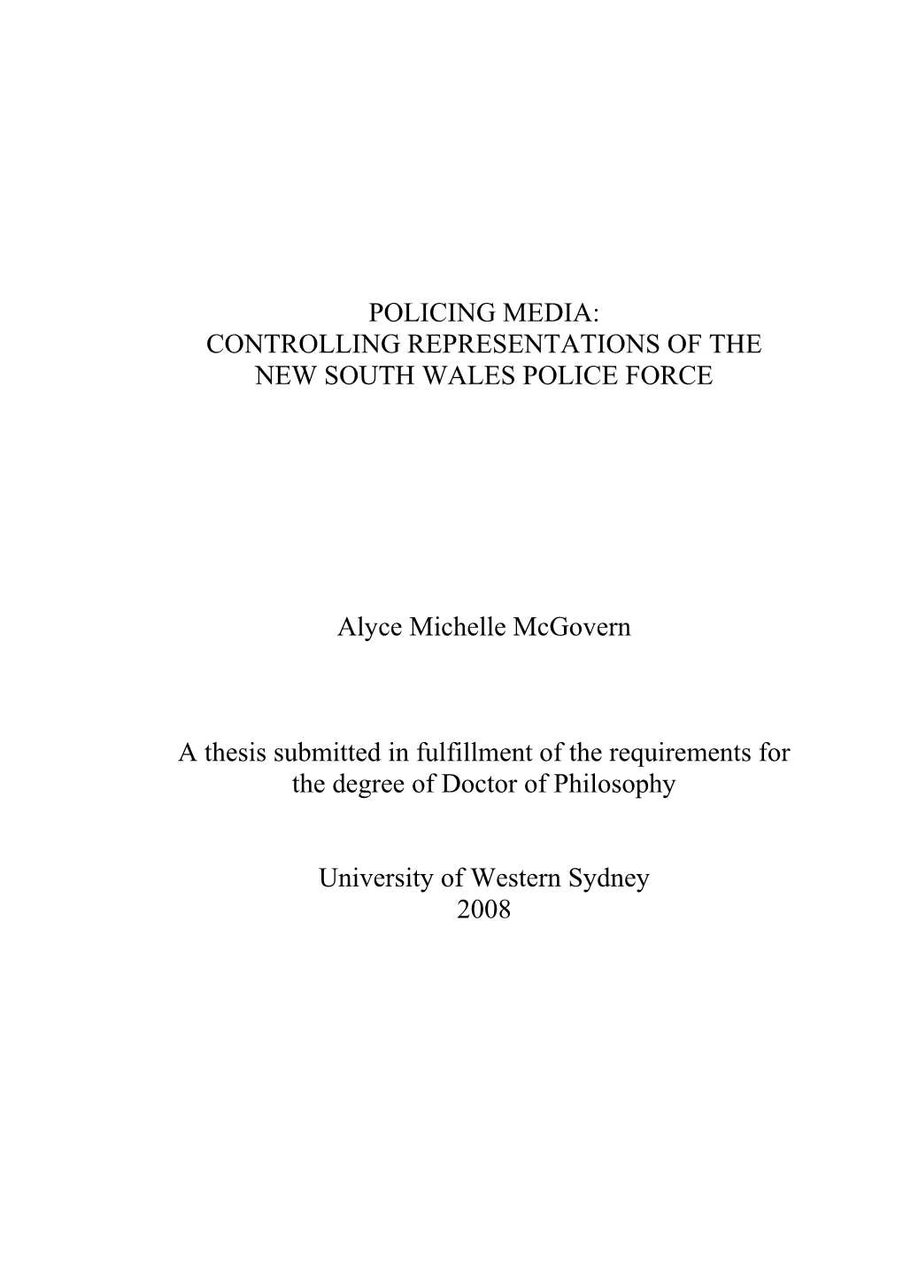 Policing Media: Controlling Representations of the New South Wales Police Force