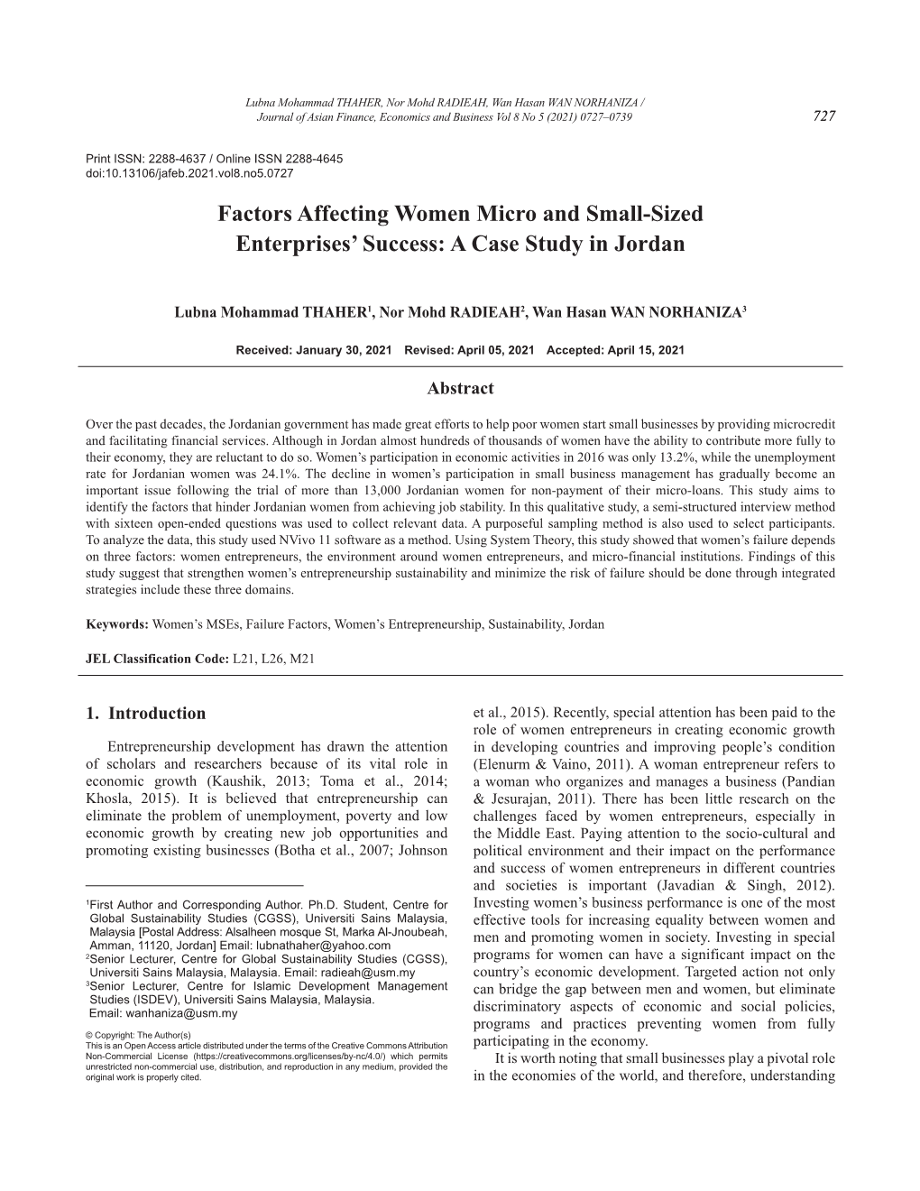Factors Affecting Women Micro and Small-Sized Enterprises' Success: a Case Study in Jordan